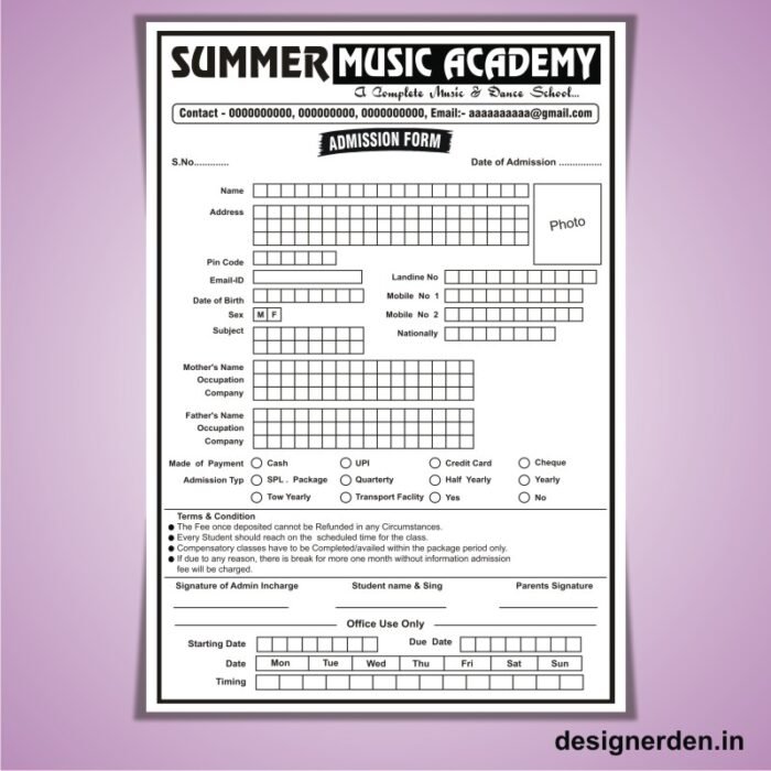 Music Academy Admission Form Design CDR File
