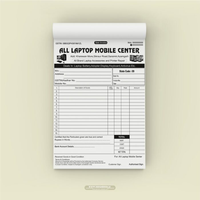 Laptop and Mobile Repair Center Invoice Bill Book Design CDR File