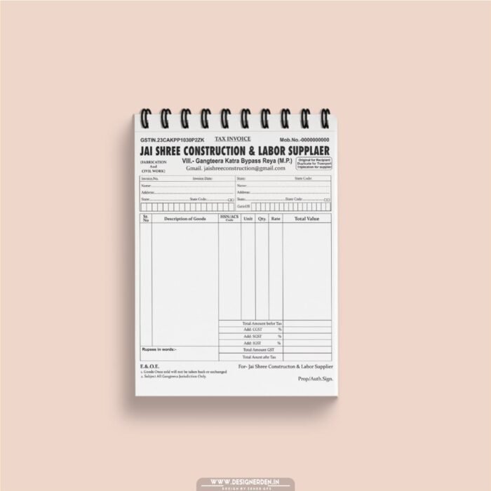 Construction Labor Supplier Invoice Bill Book Design