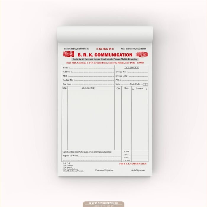 Mobile Shop Bill Book Format