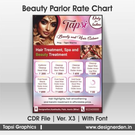 Rate Chart of Beauty Parlour, Rate List Format Design, Price Chart Design for Beauty Saloon.