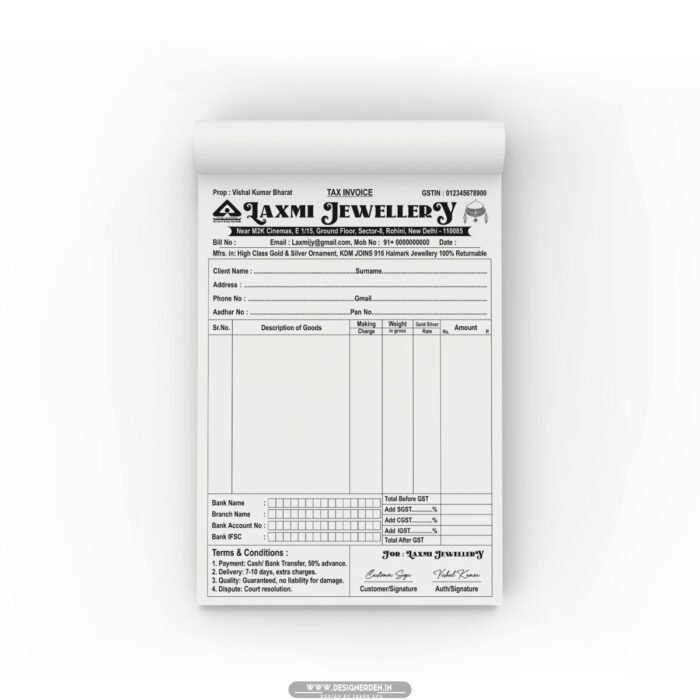 Jewellery Shop Tax INVOICE Book