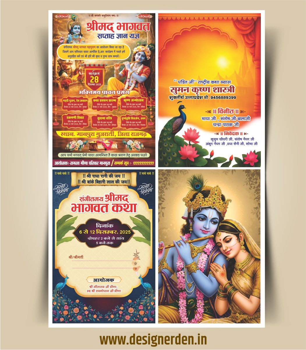 TR-5 4 Fold Shrimad Bhagwat Katha Invitation Card Design CDR File Elegant 4 Fold Shrimad Bhagwat Katha Nimantran Card Design CDR - Image 1