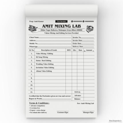 Video Editing Invoice Bill Book