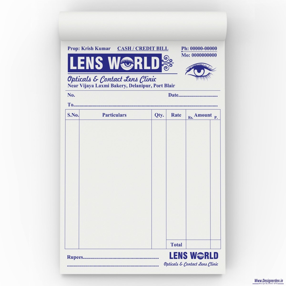 dd LENS WORLD (CONTACT LENS CLINIC) INVOICE BILL BOOK DESIGN CDR FILE - Image 1